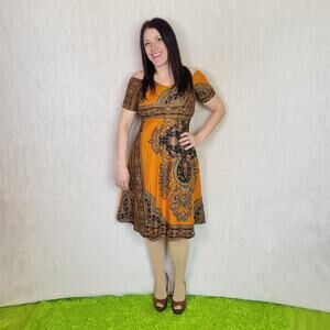 Handmade Orange Patterned Aline Midi Dress